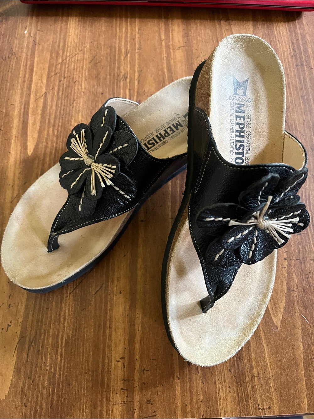 Mephisto Black Leather Floral Toe-Post Sandals